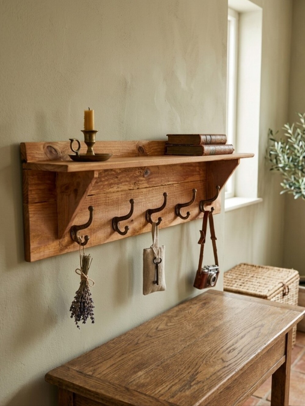Handcrafted Rustic Farmhouse Wall-Mounted Coat Rack with Integrated Shelf